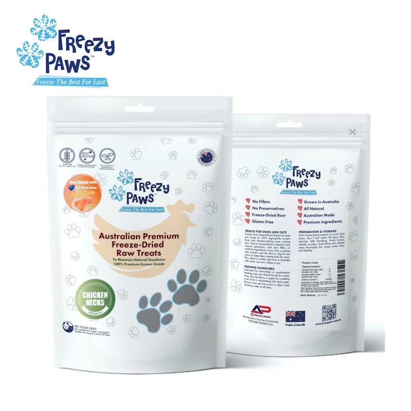 Freezy paws freeze-dried chicken neck coated with salmon raw treats