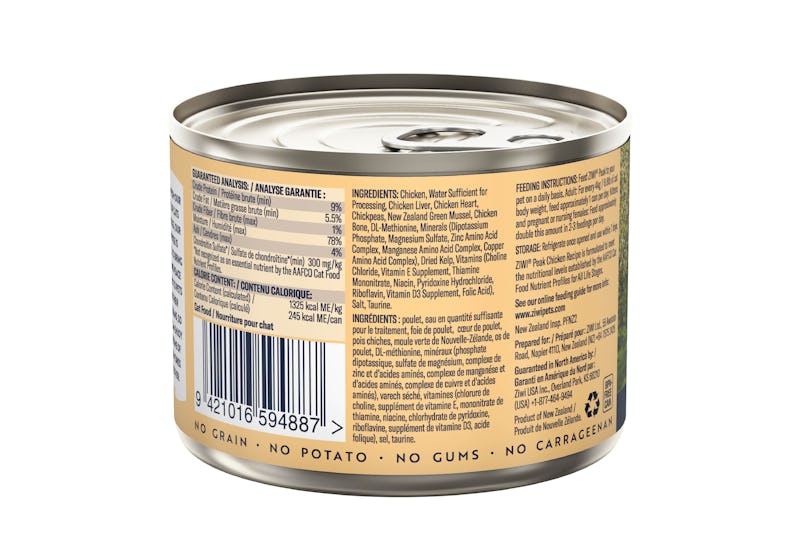 Ziwi peak wet free range chicken recipe for cats 185g back of can