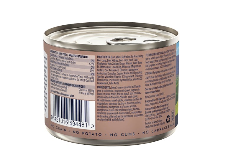 Ziwi peak wet beef recipe for cats 185g back of can