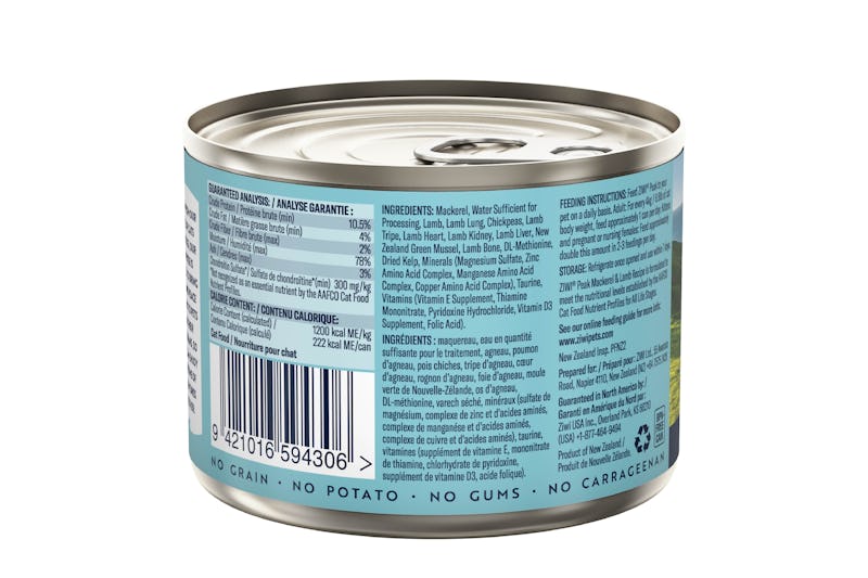 Ziwi peak wet mackerel and lamb recipe for cats 185g back of can