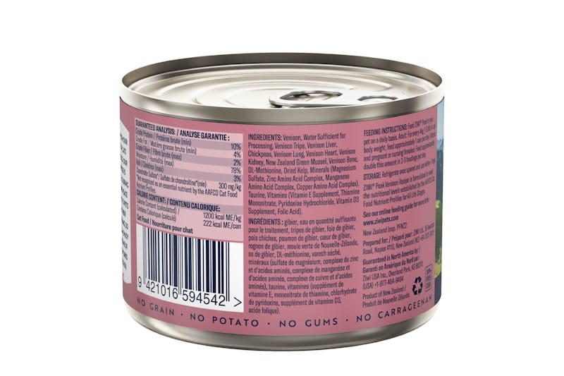 Ziwi peak wet venison recipe for cats 185g back of can